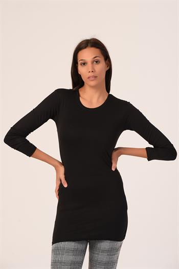 Yuvarlak Yaka Uzun Kollu Viskon Uzun Siyah Body