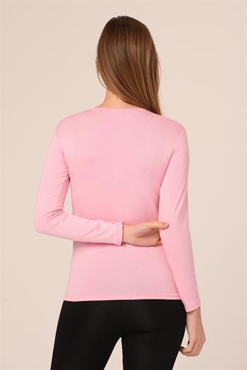 Yuvarlak Yaka Uzun Kollu Viskon Pembe Body