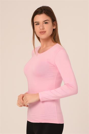 Yuvarlak Yaka Uzun Kollu Viskon Pembe Body
