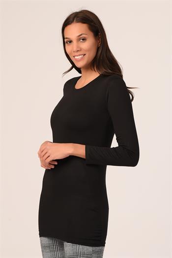 Yuvarlak Yaka Uzun Kollu Viskon Uzun Siyah Body