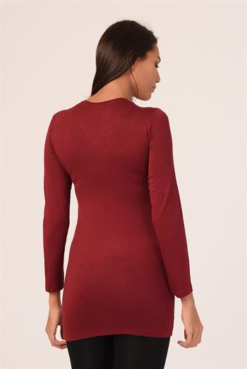 Yuvarlak Yaka Uzun Kollu Viskon Uzun Bordo Body