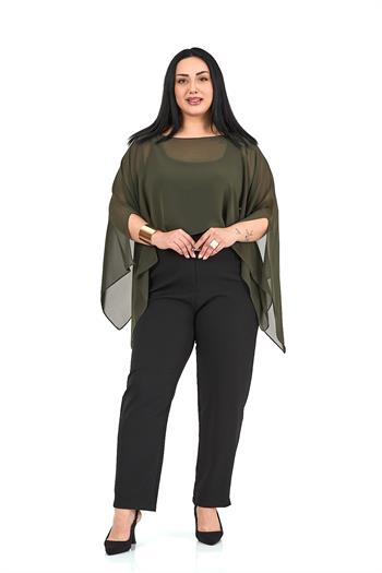 Büyük Beden Asimetrik Kesim Şifon Haki Pelerin Bolero
