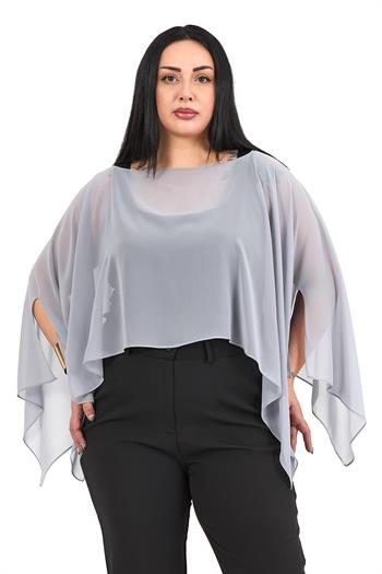 Büyük Beden Asimetrik Kesim Şifon Açık Gri Pelerin Bolero