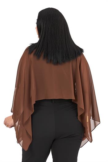 Büyük Beden Asimetrik Kesim Şifon Kahverengi Pelerin Bolero