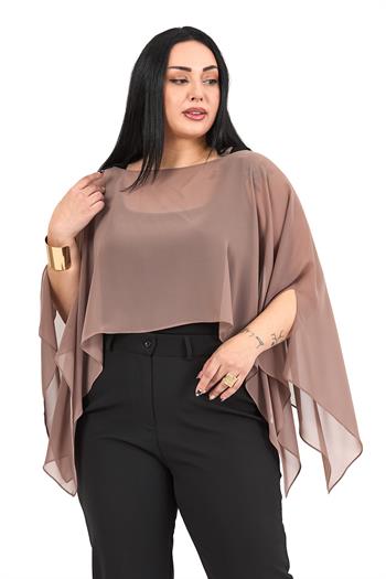 Büyük Beden Asimetrik Kesim Şifon Vizon Pelerin Bolero