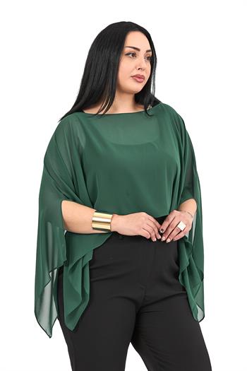 Büyük Beden Asimetrik Kesim Şifon Zümrüt Yeşili Pelerin Bolero