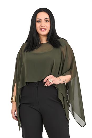 Büyük Beden Asimetrik Kesim Şifon Haki Pelerin Bolero