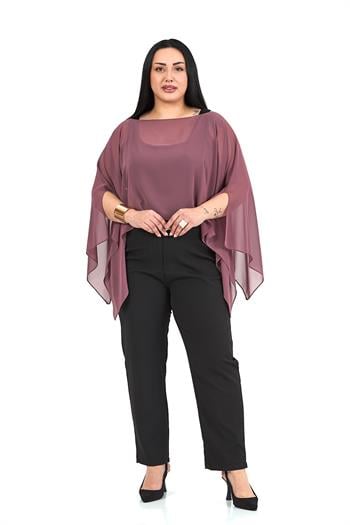 Büyük Beden Asimetrik Kesim Şifon Gül Kurusu Pelerin Bolero
