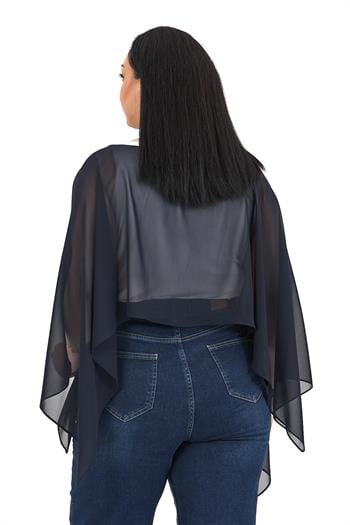 Büyük Beden Asimetrik Kesim Şifon Koyu Lacivert Pelerin Bolero