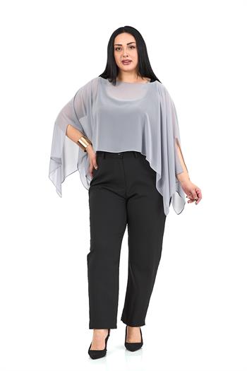 Büyük Beden Asimetrik Kesim Şifon Açık Gri Pelerin Bolero