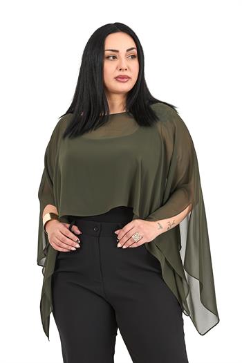 Büyük Beden Asimetrik Kesim Şifon Haki Pelerin Bolero