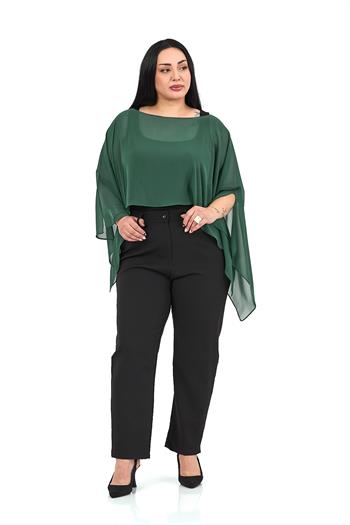 Büyük Beden Asimetrik Kesim Şifon Zümrüt Yeşili Pelerin Bolero