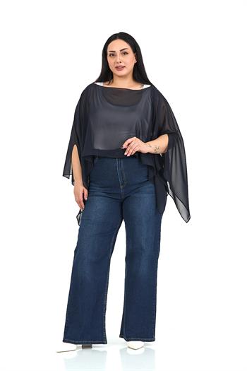 Büyük Beden Asimetrik Kesim Şifon Koyu Lacivert Pelerin Bolero