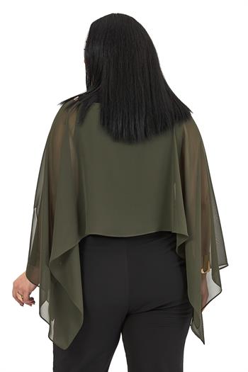 Büyük Beden Asimetrik Kesim Şifon Haki Pelerin Bolero