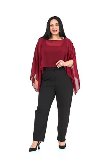 Büyük Beden Asimetrik Kesim Şifon Bordo Pelerin Bolero