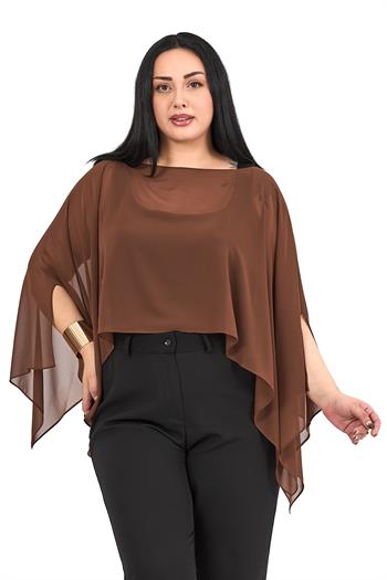 Büyük Beden Asimetrik Kesim Şifon Kahverengi Pelerin Bolero