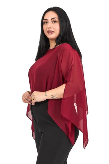 Büyük Beden Asimetrik Kesim Şifon Bordo Pelerin Bolero