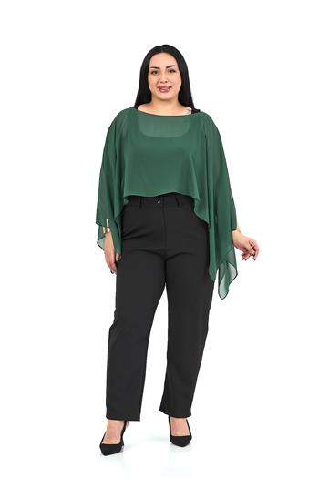 Büyük Beden Asimetrik Kesim Şifon Zümrüt Yeşili Pelerin Bolero