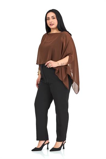 Büyük Beden Asimetrik Kesim Şifon Kahverengi Pelerin Bolero