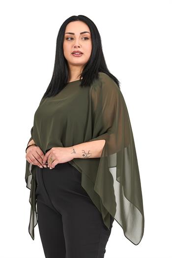 Büyük Beden Asimetrik Kesim Şifon Haki Pelerin Bolero