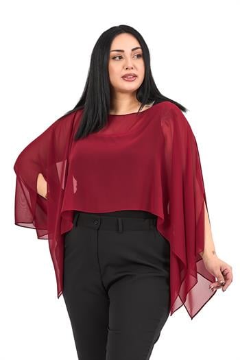Büyük Beden Asimetrik Kesim Şifon Bordo Pelerin Bolero