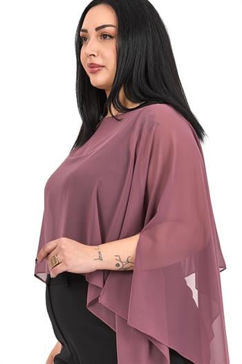 Büyük Beden Asimetrik Kesim Şifon Gül Kurusu Pelerin Bolero