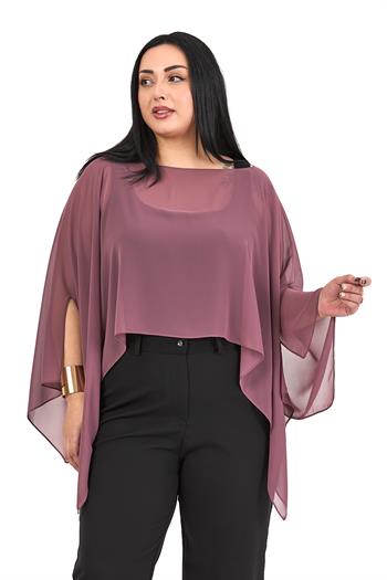Büyük Beden Asimetrik Kesim Şifon Gül Kurusu Pelerin Bolero