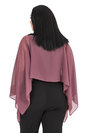 Büyük Beden Asimetrik Kesim Şifon Gül Kurusu Pelerin Bolero