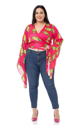 Plus Size Satin Fuchsia Bolero with Waistband and Sleeve Detail