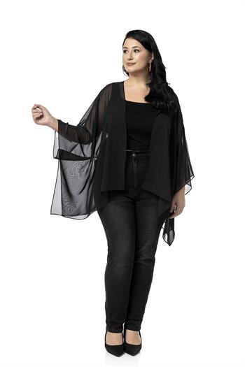 Büyük Beden Geniş Kesim Kol Altı Dikiş Detaylı Siyah Panço Bolero