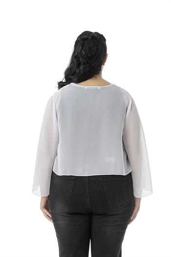 Büyük Beden Kolu Yırtmaç Detaylı Şifon Beyaz Bolero