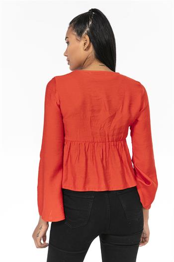 İspanyol Kol Önden Düğmeli Mercan Rengi Kısa Bolero