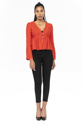 İspanyol Kol Önden Düğmeli Mercan Rengi Kısa Bolero