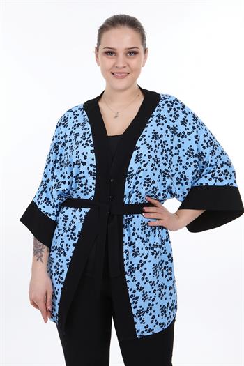 Önden Bağlamalı ve Düğmeli Kolları Geniş Küçük Çiçekli Mavi Kimono