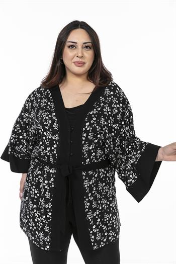 Önden Bağlamalı ve Düğmeli Kolları Geniş Küçük Çiçekli Siyah Beyaz Kimono