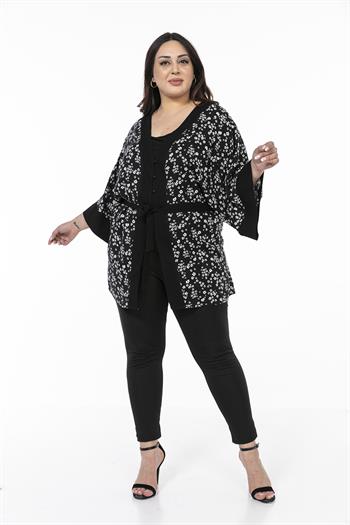 Önden Bağlamalı ve Düğmeli Kolları Geniş Küçük Çiçekli Siyah Beyaz Kimono