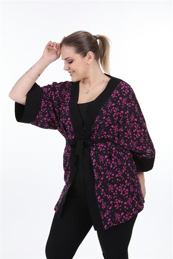 Önden Bağlamalı ve Düğmeli Kolları Geniş Küçük Çiçekli Siyah Fuşya Kimono