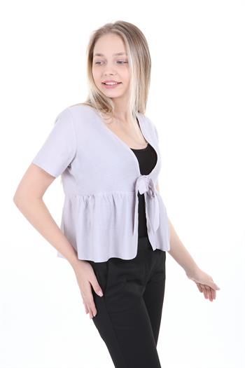 Önden Bağlamalı Yarım Kollu Gri Bolero