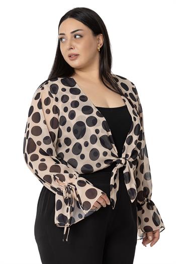 Plus Size Sleeve Detailed Double Tie Front Chiffon Black Polka Dot Mink Bolero