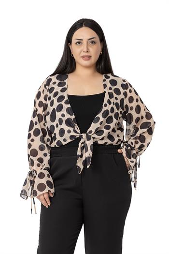 Plus Size Sleeve Detailed Double Tie Front Chiffon Black Polka Dot Mink Bolero