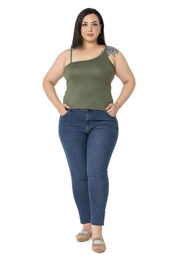 Büyük Beden Asimetrik Askılı Viskon Haki Body