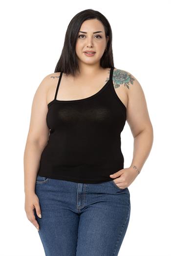 Büyük Beden Asimetrik Askılı Viskon Siyah Body
