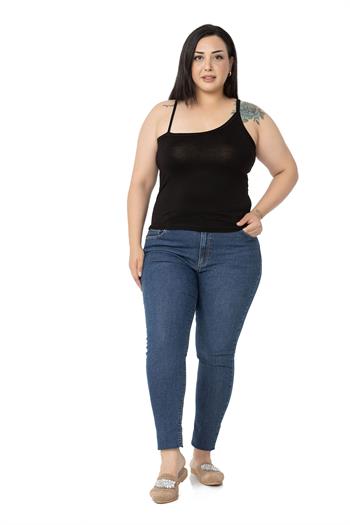 Büyük Beden Asimetrik Askılı Viskon Siyah Body