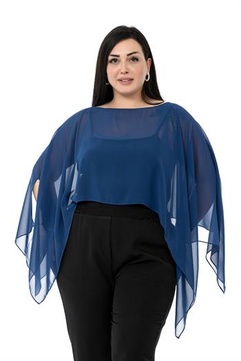Plus Size Asymmetrical Cut Chiffon Navy Blue Cape Bolero