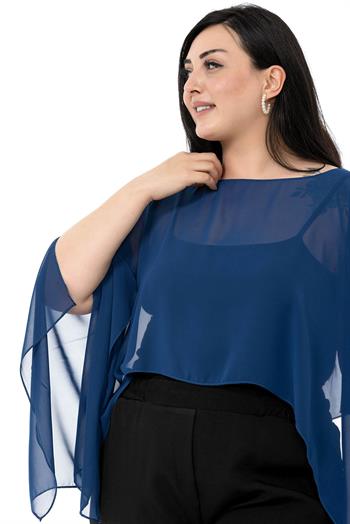 Plus Size Asymmetrical Cut Chiffon Navy Blue Cape Bolero