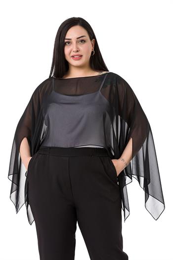 Plus Size Asymmetrical Cut Chiffon Black Cape Bolero