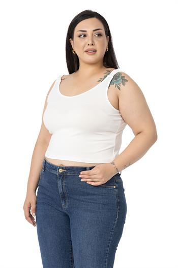 Büyük Beden Askıları Büzgülü Drapeli Crop Ekru Body