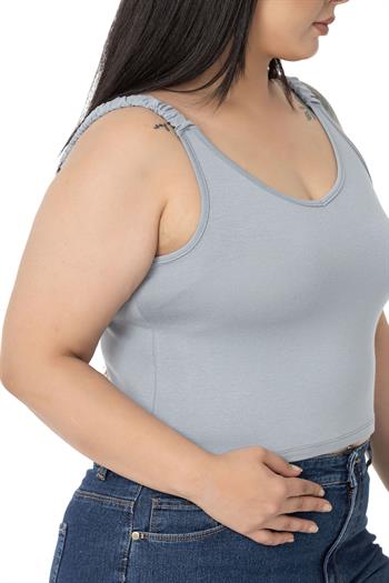 Büyük Beden Askıları Büzgülü Drapeli Crop Gri Body