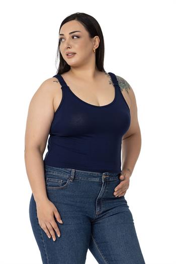 Büyük Beden Askıları Büzgülü Drapeli Crop Lacivert Body