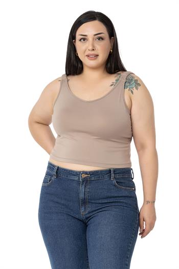 Büyük Beden Askıları Büzgülü Drapeli Crop Vizon Body
